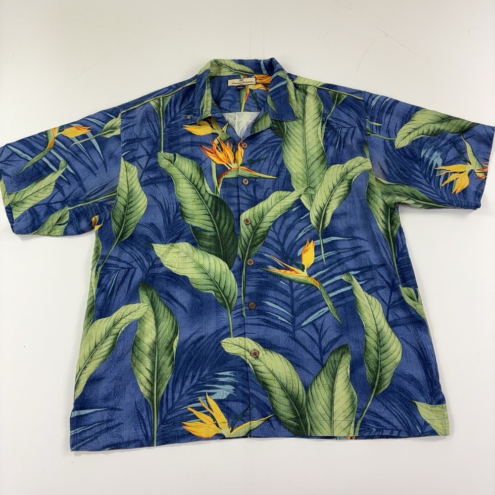 Tommy Bahama Shirt Mens XL Silk Palm Tree Hawaiian Short Sleeve Loop Collar
